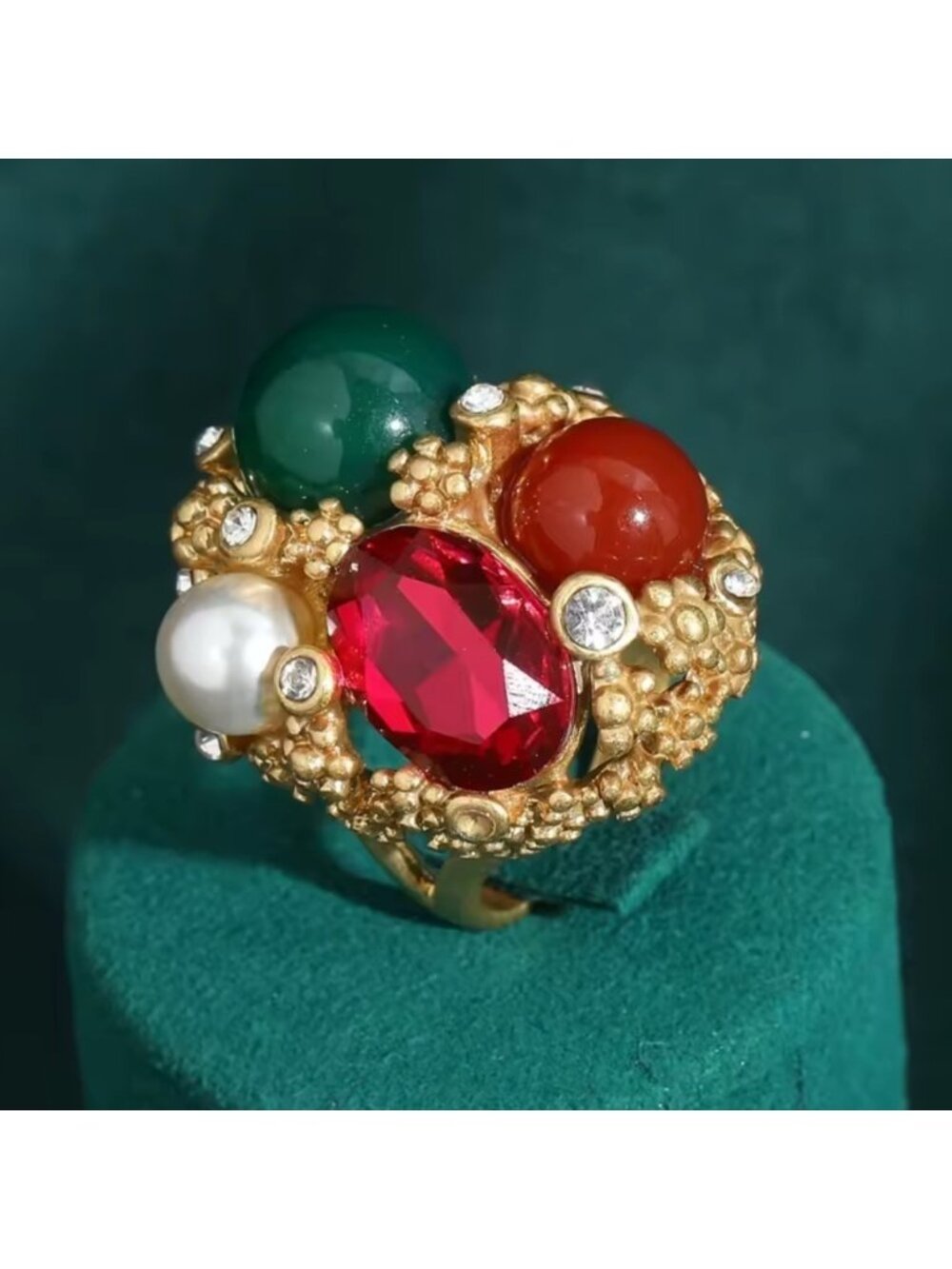 Opulent Collector’s Gem Ring Rare Ruby, Jade & Pearl in Ornate Gold Design - Picture 10 of 11